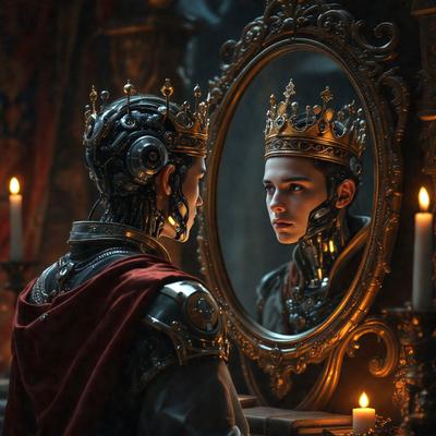 The primary subject of the image is a man wearing a crown and a metal suit, standing in front of a mirror. The setting is a dark room with a few candles, creating a moody atmosphere. The visual style is a combination of digital art and illustration, giving the image a unique and intriguing appearance. The dominant colors are dark shades, with the man's suit and the metal elements adding a sense of power and authority to the scene.